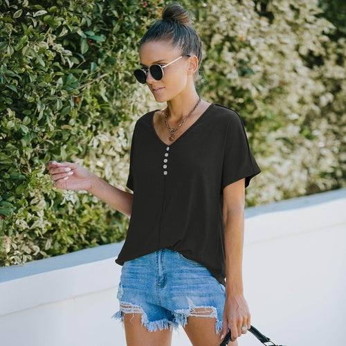 Top de Manga Corta con Cuello en V para Mujer