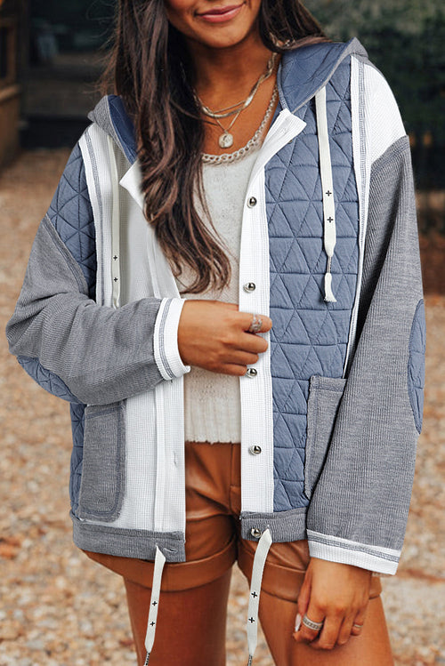 Chaqueta con Capucha Acolchada de Parches Texturizados Azul Claro, Corte Holgado